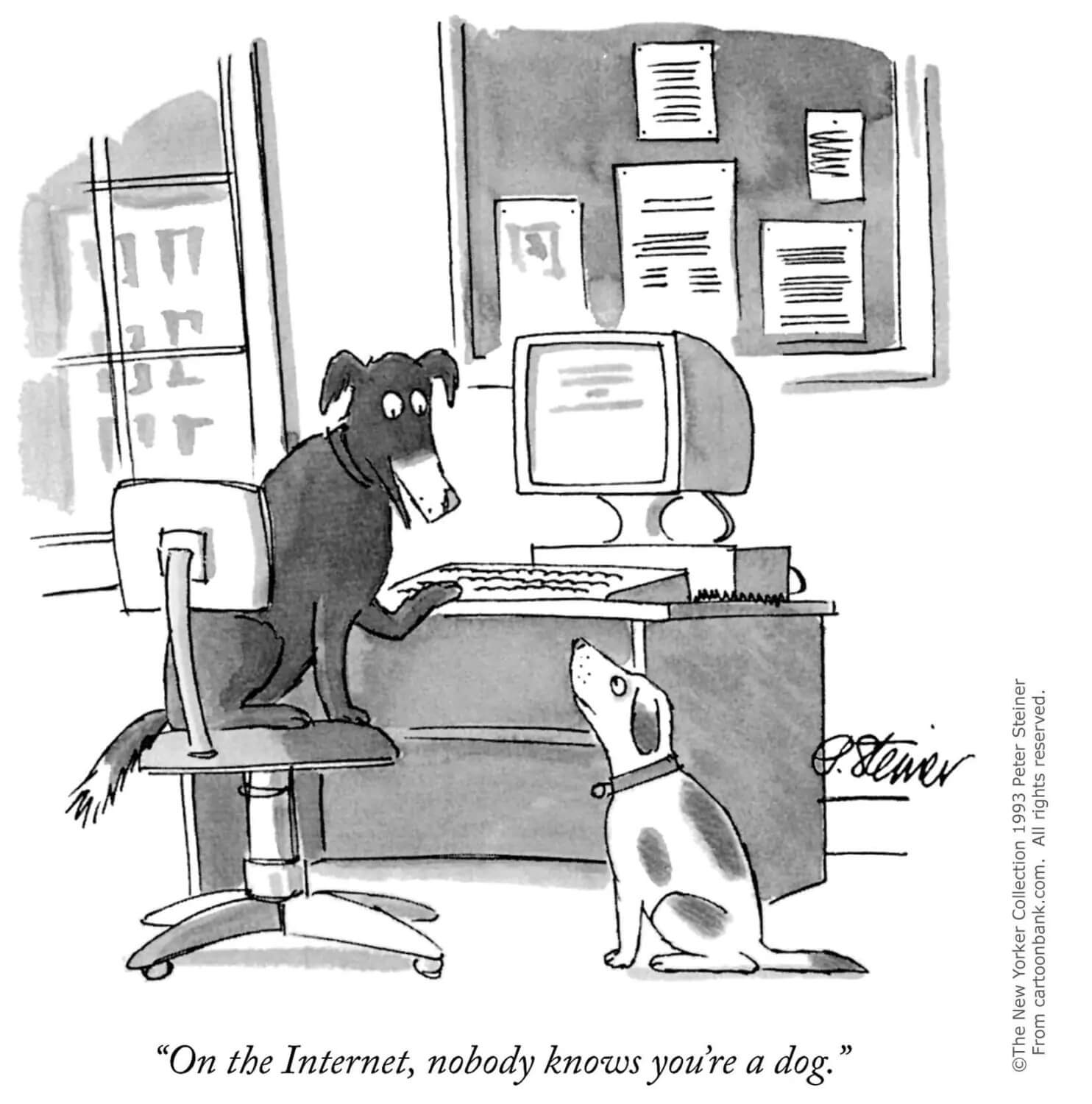 On the internet, nobody knows you're a dog comic. Copyrighted image, hopefully fair use :-)